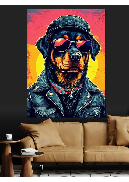 Deri Ceketli Karizmatik Rottweiler Dekoratif Kanvas - Mdf Ahşap Tablo