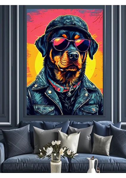 Deri Ceketli Karizmatik Rottweiler Dekoratif Kanvas - Mdf Ahşap Tablo