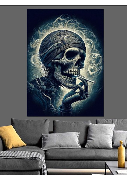 Sigara Içen Kuru Kafa Dekoratif Kanvas - Mdf Ahşap Tablo