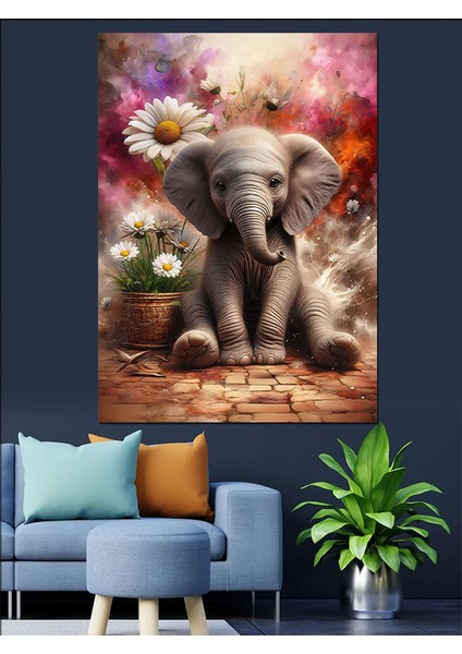Yavru Fil ve Papatya Dekoratif Kanvas - Mdf Ahşap Tablo
