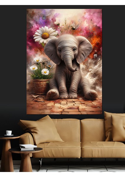 Yavru Fil ve Papatya Dekoratif Kanvas - Mdf Ahşap Tablo fiyatları