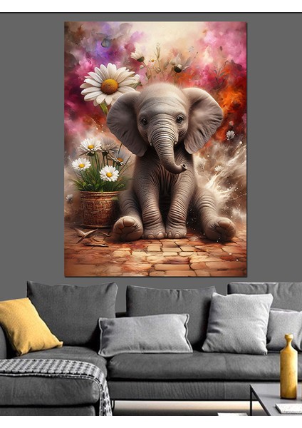 Yavru Fil ve Papatya Dekoratif Kanvas - Mdf Ahşap Tablo fırsatları