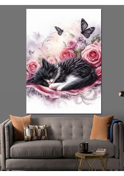 Pembe Çiçekler ve Uyuyan Kedi Dekoratif Kanvas - Mdf Ahşap Tablo