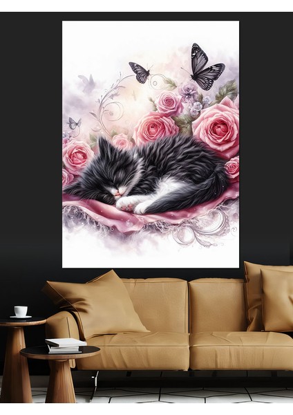 Pembe Çiçekler ve Uyuyan Kedi Dekoratif Kanvas - Mdf Ahşap Tablo modelleri