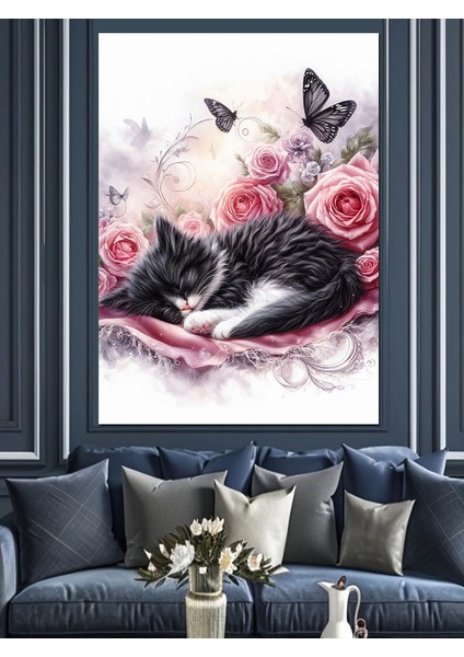 Pembe Çiçekler ve Uyuyan Kedi Dekoratif Kanvas - Mdf Ahşap Tablo fırsatları