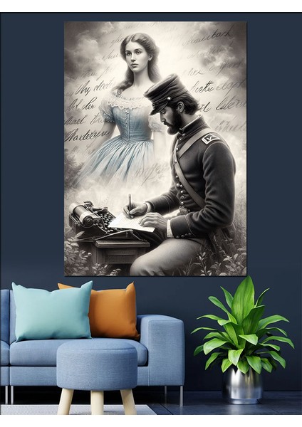 Mektup Yazan Asker Dekoratif Kanvas - Mdf Ahşap Tablo