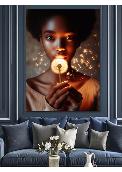 Puf Çiçeği ve Afrikalı Kız Dekoratif Kanvas - Mdf Ahşap Tablo