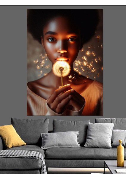 Puf Çiçeği ve Afrikalı Kız Dekoratif Kanvas - Mdf Ahşap Tablo fiyatları