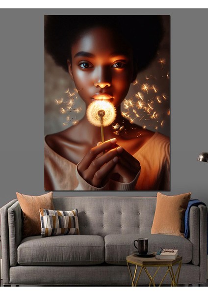 Puf Çiçeği ve Afrikalı Kız Dekoratif Kanvas - Mdf Ahşap Tablo modelleri
