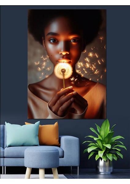 Puf Çiçeği ve Afrikalı Kız Dekoratif Kanvas - Mdf Ahşap Tablo fırsatları