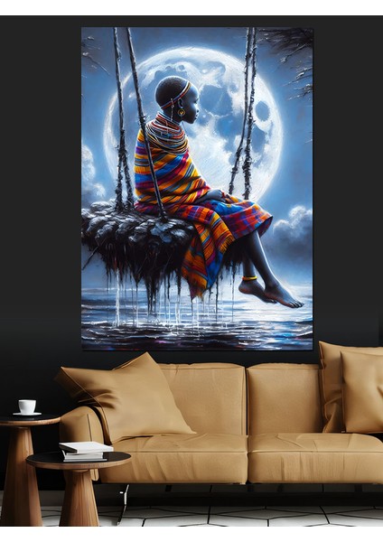 Gölde Sallanan Afrikalı Kadın Dekoratif Kanvas - Mdf Ahşap Tablo