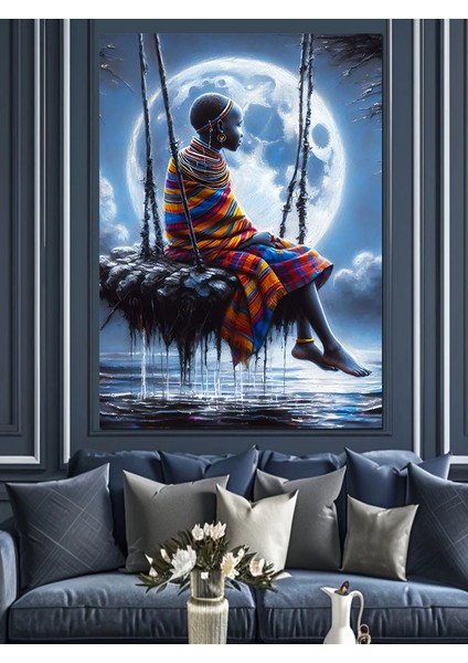 Gölde Sallanan Afrikalı Kadın Dekoratif Kanvas - Mdf Ahşap Tablo fiyatları
