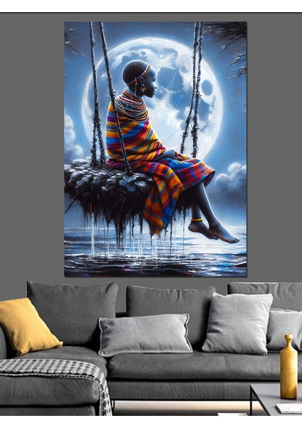 Gölde Sallanan Afrikalı Kadın Dekoratif Kanvas - Mdf Ahşap Tablo modelleri