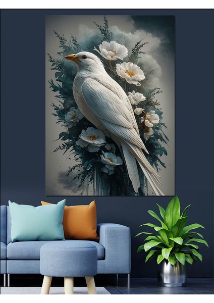 Beyaz Güvercin ve Çiçekler Dekoratif Kanvas - Mdf Ahşap Tablo