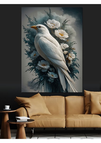 Beyaz Güvercin ve Çiçekler Dekoratif Kanvas - Mdf Ahşap Tablo fiyatları
