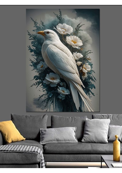 Beyaz Güvercin ve Çiçekler Dekoratif Kanvas - Mdf Ahşap Tablo fırsatları