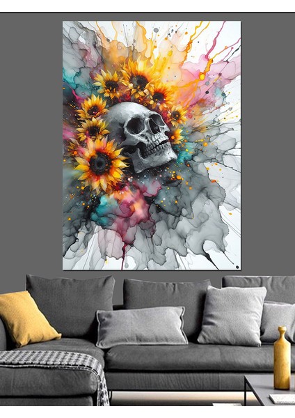 Çiçekler ve Kuru Kafa Dekoratif Kanvas - Mdf Ahşap Tablo