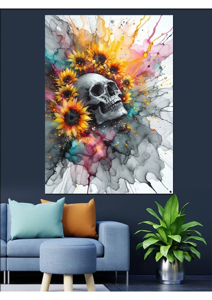 Çiçekler ve Kuru Kafa Dekoratif Kanvas - Mdf Ahşap Tablo modelleri