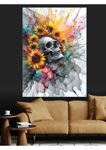 Çiçekler ve Kuru Kafa Dekoratif Kanvas - Mdf Ahşap Tablo fırsatları