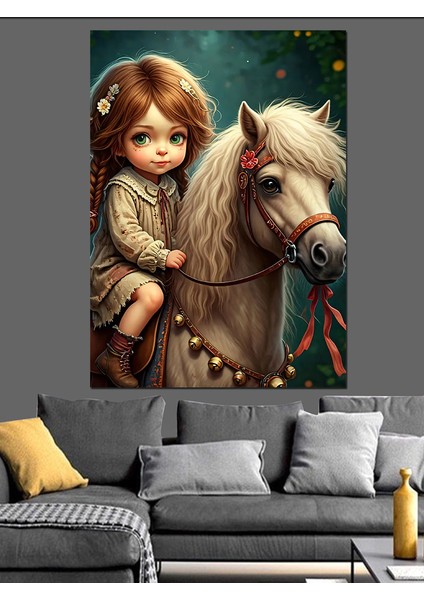 Sevimli Kız ve Atı Dekoratif Kanvas - Mdf Ahşap Tablo fiyatları