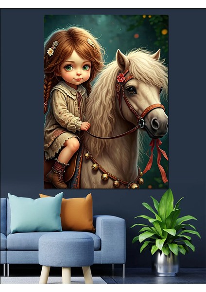 Sevimli Kız ve Atı Dekoratif Kanvas - Mdf Ahşap Tablo fırsatları