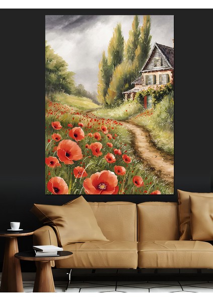 Kır Evi ve Gelincik Çiçekleri Dekoratif Kanvas - Mdf Ahşap Tablo