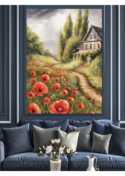 Kır Evi ve Gelincik Çiçekleri Dekoratif Kanvas - Mdf Ahşap Tablo fiyatları
