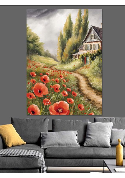 Kır Evi ve Gelincik Çiçekleri Dekoratif Kanvas - Mdf Ahşap Tablo modelleri