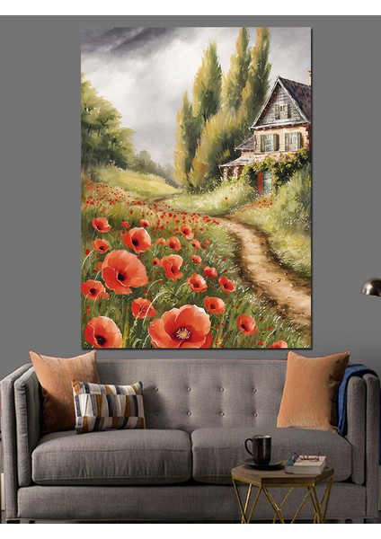 Kır Evi ve Gelincik Çiçekleri Dekoratif Kanvas - Mdf Ahşap Tablo fırsatları