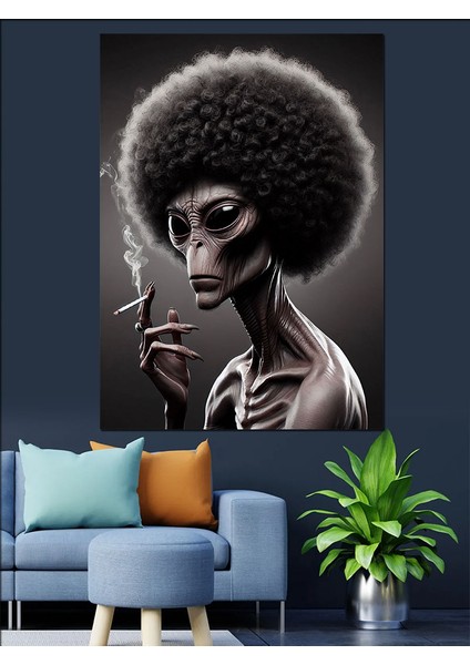 Sigara Içen Uzaylı Dekoratif Kanvas - Mdf Ahşap Tablo