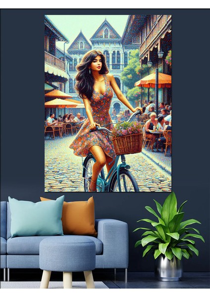Bisiklet Kullanan Kız Dekoratif Kanvas - Mdf Ahşap Tablo