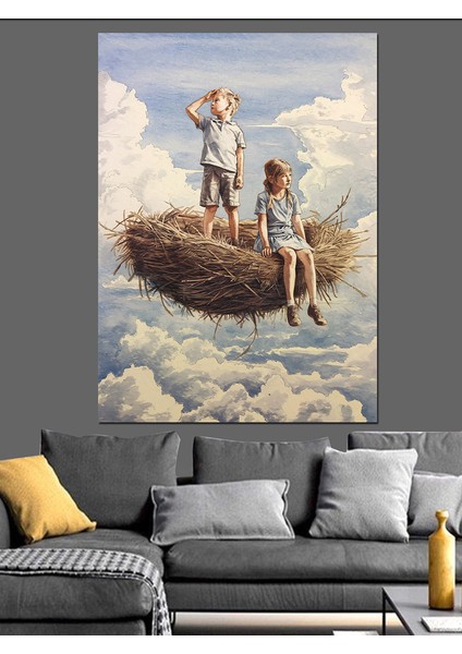 Bulutların Üstündeki Çocuklar Dekoratif Kanvas - Mdf Ahşap Tablo