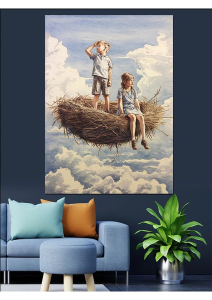 Bulutların Üstündeki Çocuklar Dekoratif Kanvas - Mdf Ahşap Tablo modelleri