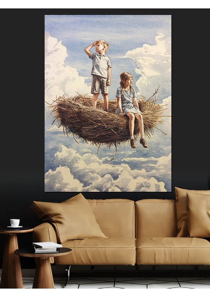 Bulutların Üstündeki Çocuklar Dekoratif Kanvas - Mdf Ahşap Tablo fırsatları