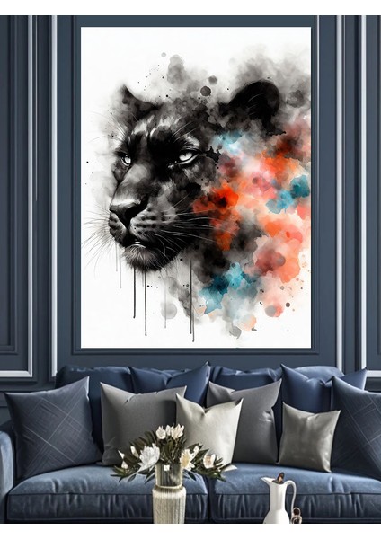 Siyah Panter ve Renkli Dumanlar Dekoratif Kanvas - Mdf Ahşap Tablo