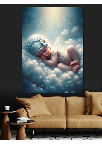 Bulutların Üstünde Uyuyan Bebek Dekoratif Kanvas - Mdf Ahşap Tablo
