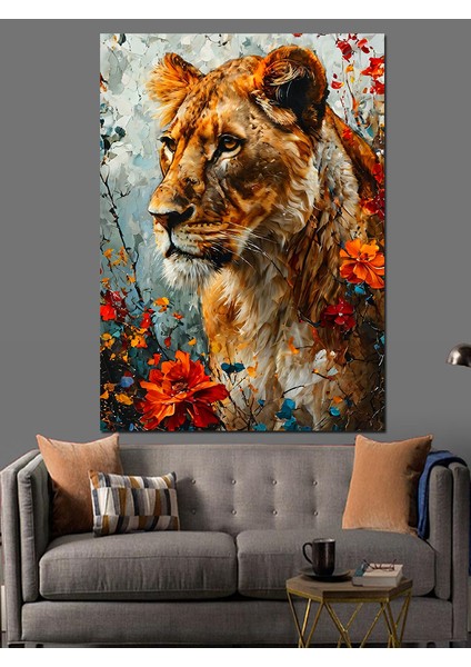 Dişi Aslan ve Çiçekler Dekoratif Kanvas - Mdf Ahşap Tablo