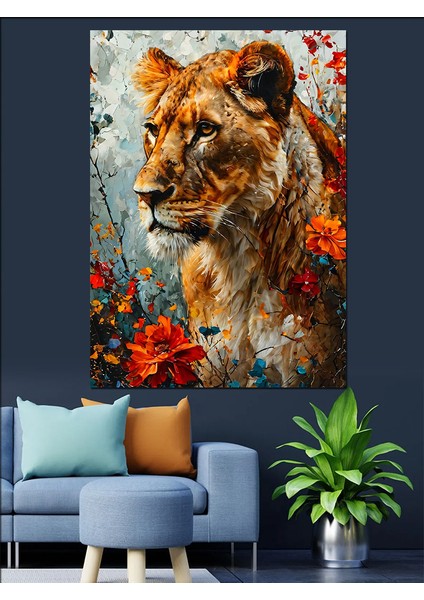 Dişi Aslan ve Çiçekler Dekoratif Kanvas - Mdf Ahşap Tablo fiyatları