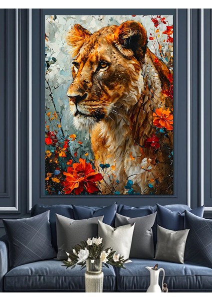 Dişi Aslan ve Çiçekler Dekoratif Kanvas - Mdf Ahşap Tablo fırsatları