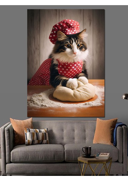 Hamur Yoğuran Kedi Dekoratif Kanvas - Mdf Ahşap Tablo
