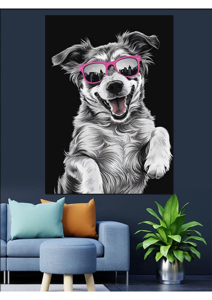Pembe Gözlüklü Köpek Dekoratif Kanvas - Mdf Ahşap Tablo