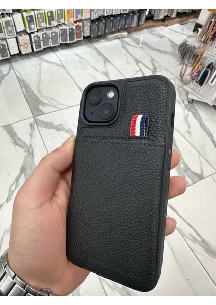Apple iPhone 13 Uyumlu Deri Kılıf Kartlıklı Kılıf Arkası Cüzdanlı Kılıf Kart Koymalı Kılıf Siyah