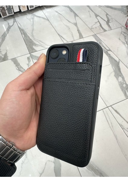 Apple iPhone 13 Uyumlu Deri Kılıf Kartlıklı Kılıf Arkası Cüzdanlı Kılıf Kart Koymalı Kılıf Siyah