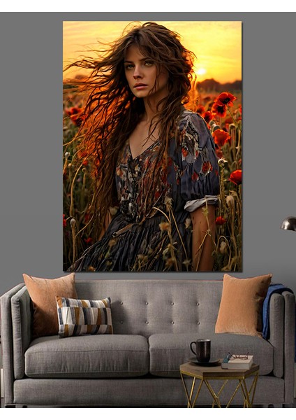 Gelincik Çiçekleri ve Kadın Dekoratif Kanvas - Mdf Ahşap Tablo
