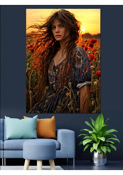 Gelincik Çiçekleri ve Kadın Dekoratif Kanvas - Mdf Ahşap Tablo fiyatları