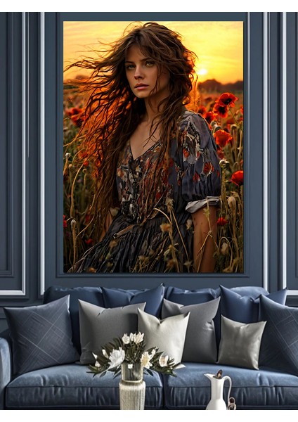 Gelincik Çiçekleri ve Kadın Dekoratif Kanvas - Mdf Ahşap Tablo fırsatları
