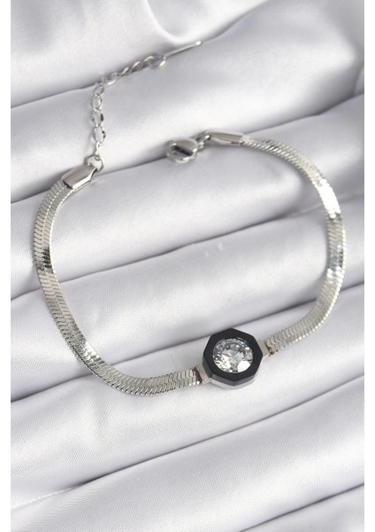 316L Çelik Gümüş Renk Zirkon Taşlı İtalyan Zincir Model Kadın Bileklik