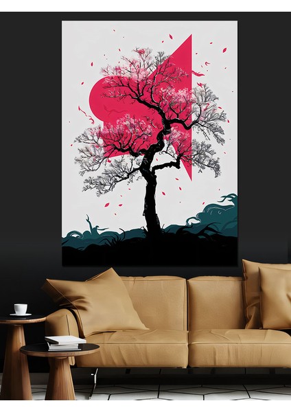 Ağaç ve Kırmızı Güneş Dekoratif Kanvas - Mdf Ahşap Tablo