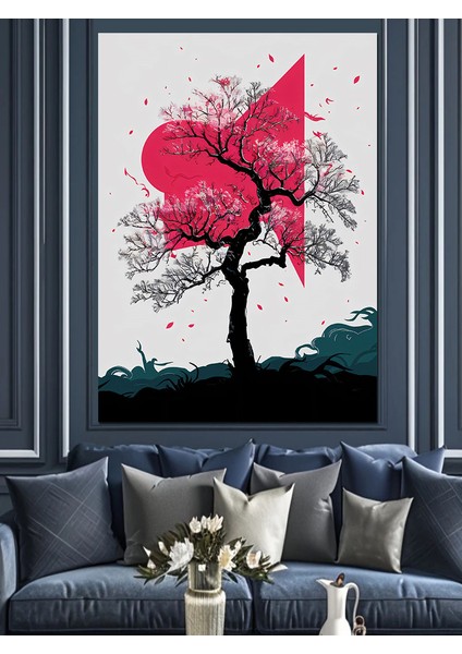 Ağaç ve Kırmızı Güneş Dekoratif Kanvas - Mdf Ahşap Tablo fiyatları