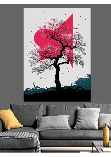 Ağaç ve Kırmızı Güneş Dekoratif Kanvas - Mdf Ahşap Tablo modelleri